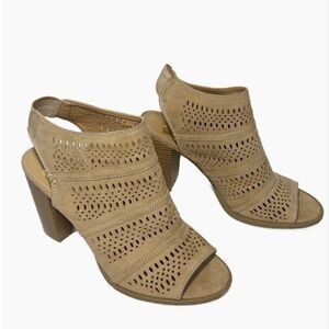 REPORT LASER CUT TAN SUEDE LEATHER PEEP TOE BOOTIES size 10